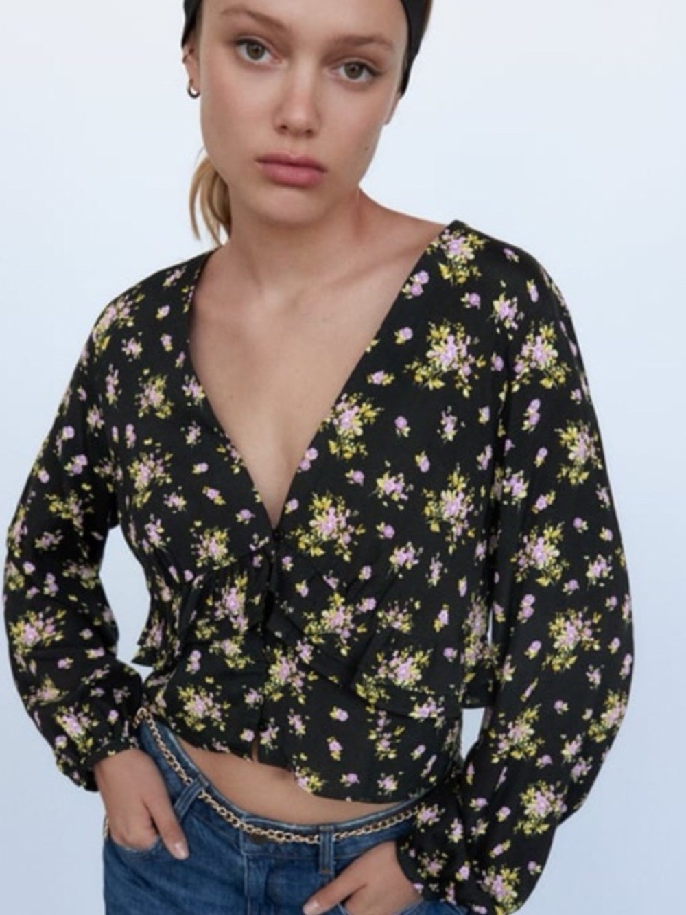 Zara Floral V-Neck Peplum Long-Sleeve Top - Black with Lilac & Green NWT